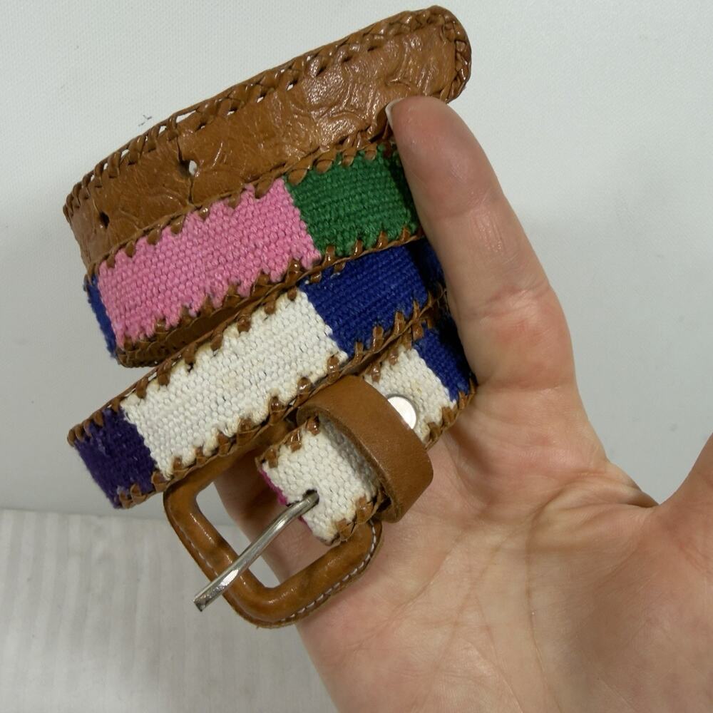 Vintage Multicolor Woven Leather Trim Belt Size 32 Boho Southwestern Handmade